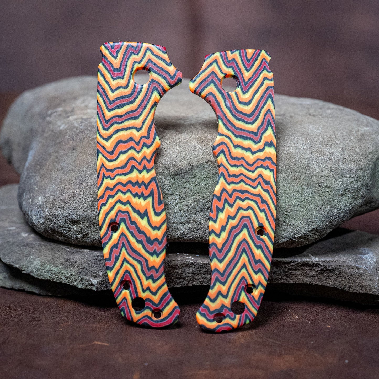 Demko AD 20.5 Small Pivot Scales - Contoured Red and Orange ZigZag Micarta - Flaming Gorilla