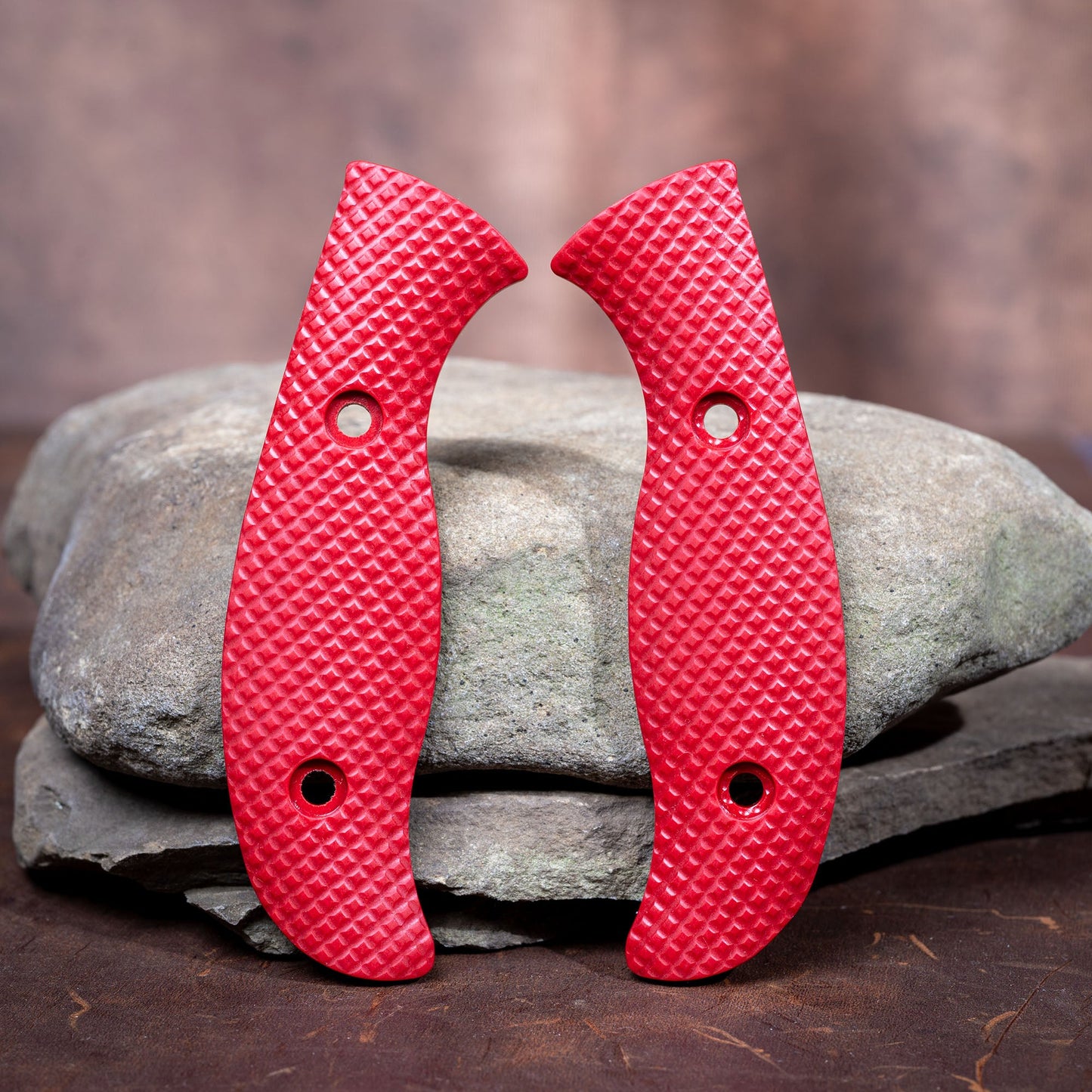 Spyderco Mule Scales - Contoured Red Paper Micarta Pistol Milling w/ Hardware - Flaming Gorilla